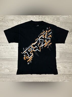 Fox Racing Orange/Black/Grey Graphic T-Shirt Y2K 2000s, Slight Fade